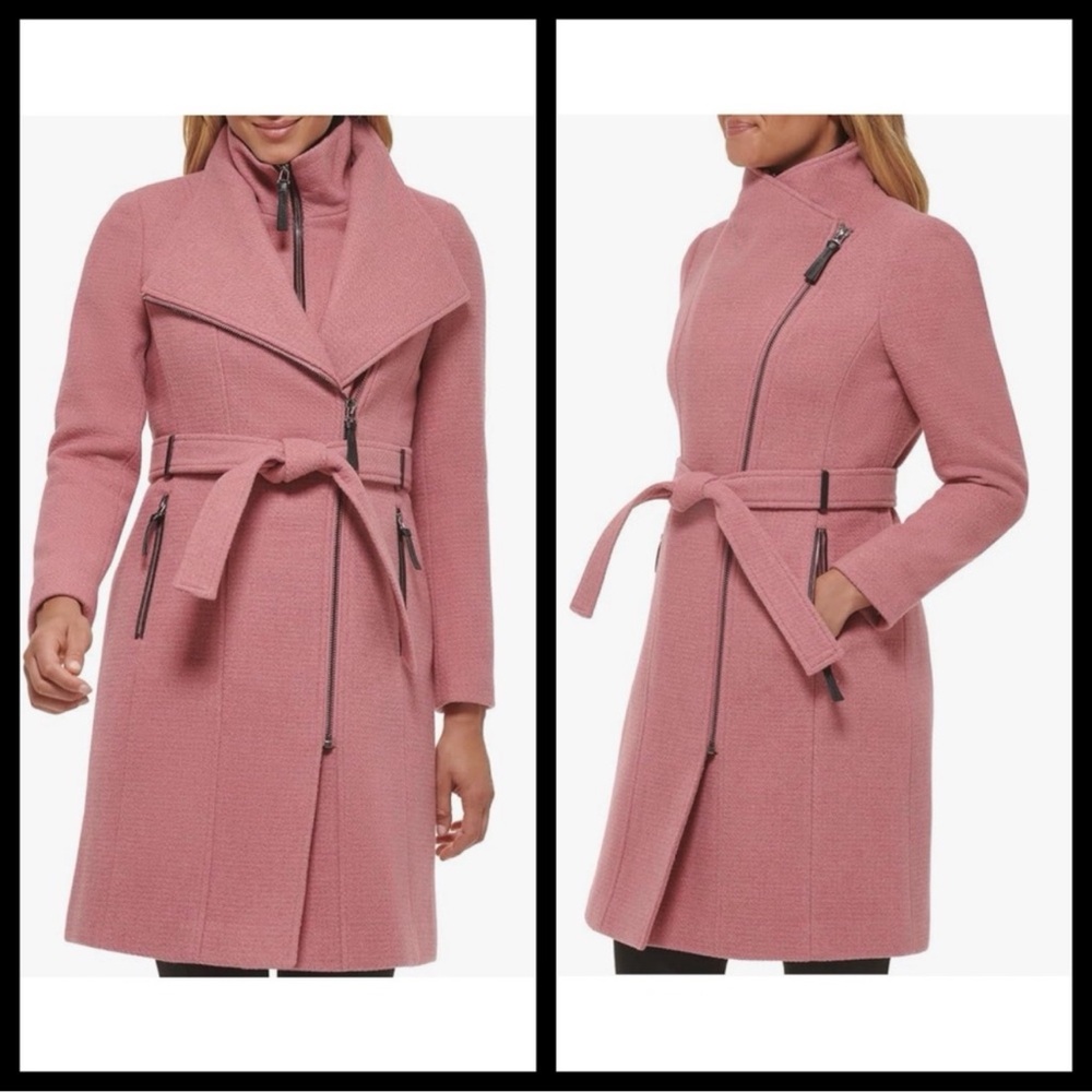 Calvin Klein Pink Wool-Blend Belted Asymmetrical Zip Coat